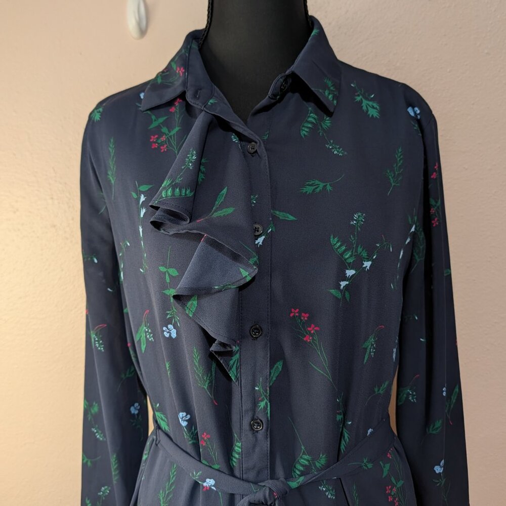 ⭐Banana Republic Blue Botanical Chiffon Shirt Dress Tie Belt Jabot Ruffle Size 6 - Picture 3 of 10